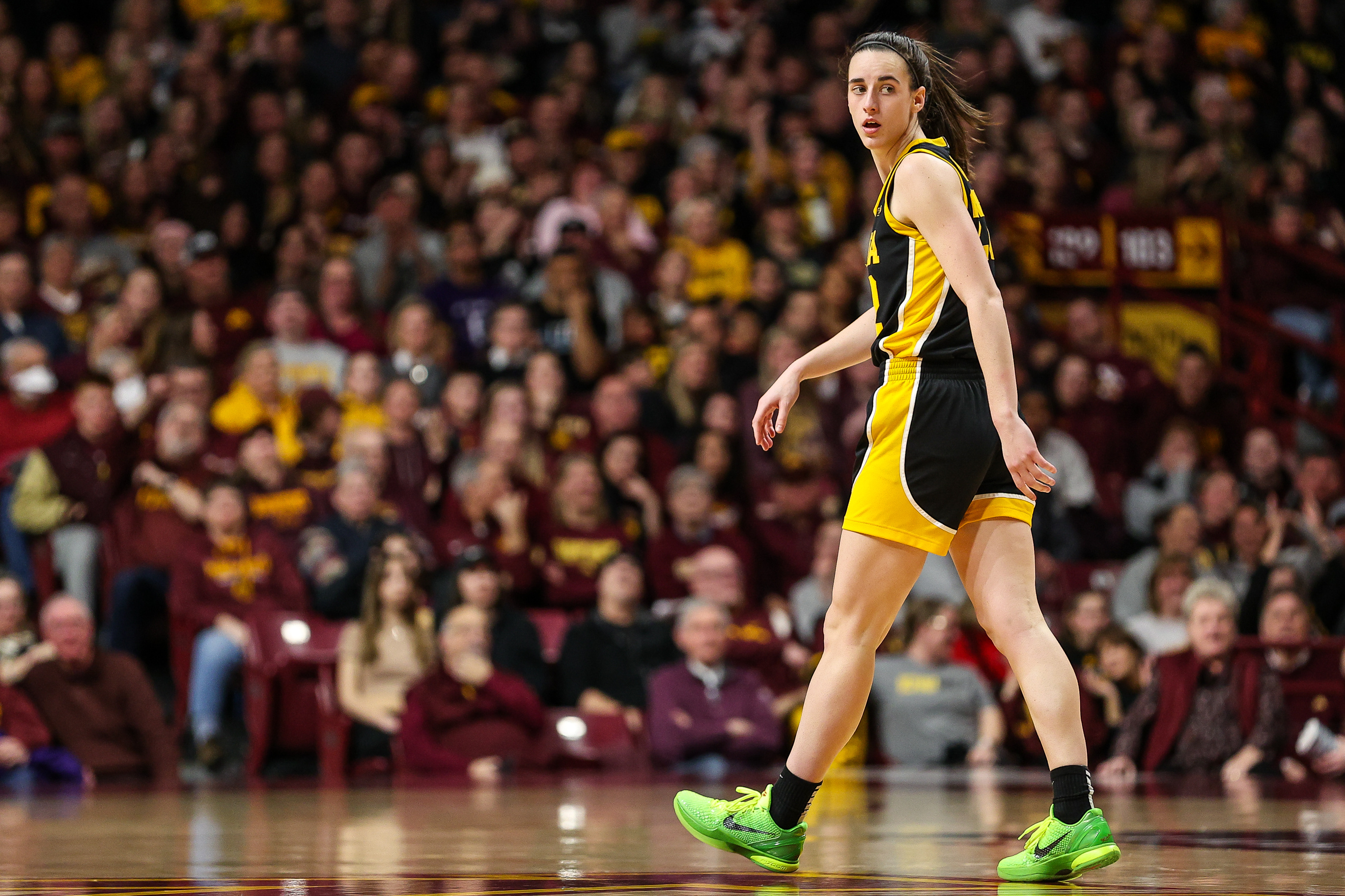 Iowa Hawkeyes guard Caitlin Clark (22) looks on during the second half against the Minnesota Golden Gophers at Williams Arena