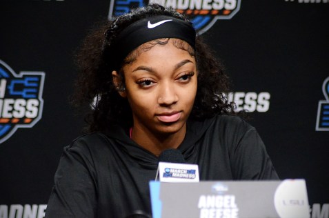 LSU forward Angel Reese talks to reporters in Albany, N.Y. ahead of the Tigers' Sweet 16 matchup with UCLA on Friday, March 29, 2024.