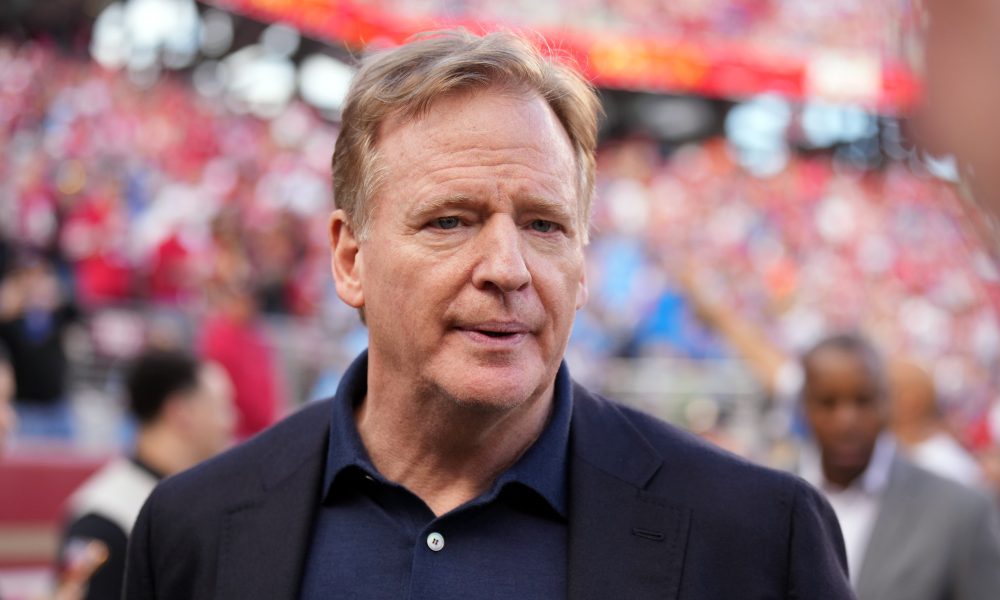 Jan 28, 2024; Santa Clara, California, USA; NFL commissioner Roger Goodell looks on before the NFC Championship football game between the San Francisco 49ers and the Detroit Lions at Levi's Stadium.