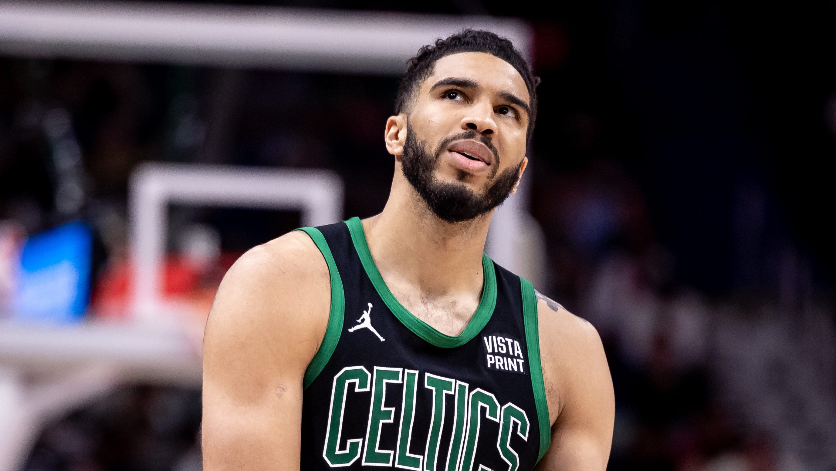 Mar 30, 2024; New Orleans, Louisiana, USA; Boston Celtics forward Jayson Tatum (0) looks on against the New Orleans Pelicans during the second half at Smoothie King Center. 