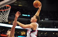 November 20, 2010; Los Angeles, CA, USA; Los Angeles Clippers power forward Blake Griffin (32) scores against the defense of New York Knicks forward Danilo Gallinari (8) during the second half at the Staples Center.